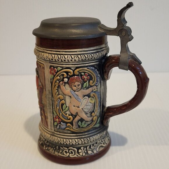 Vintage W Germany Original Gerzit Gerz Pub Scene Cherubs Beer Stein Half Liter - Picture 3 of 12